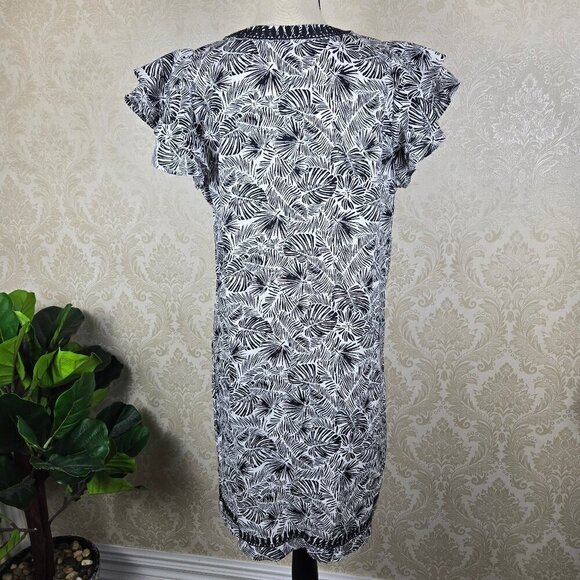 Vineyard Vines Size Small Black and White Linen Shift Dress Split Neck Short Slv - Picture 9 of 16